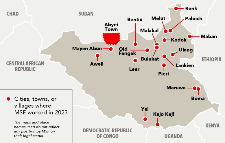 A map of South Sudan highlighting the regions where MSF had projects in 2023.