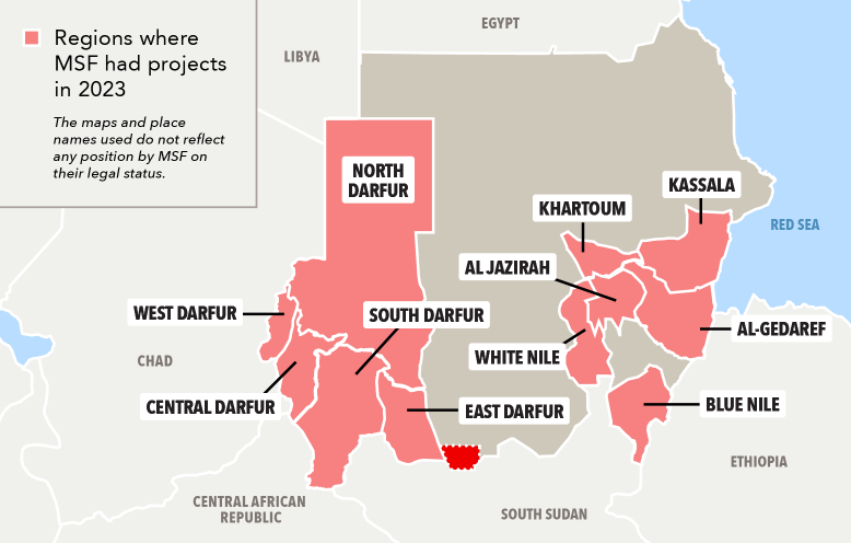 A map of Sudan highlighting the regions where MSF had projects in 2023.