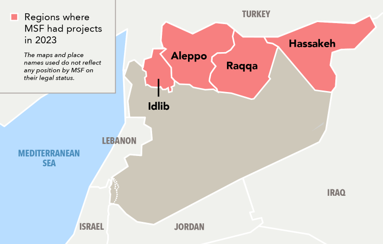 A map of Syria highlighting where MSF had projects in 2023.