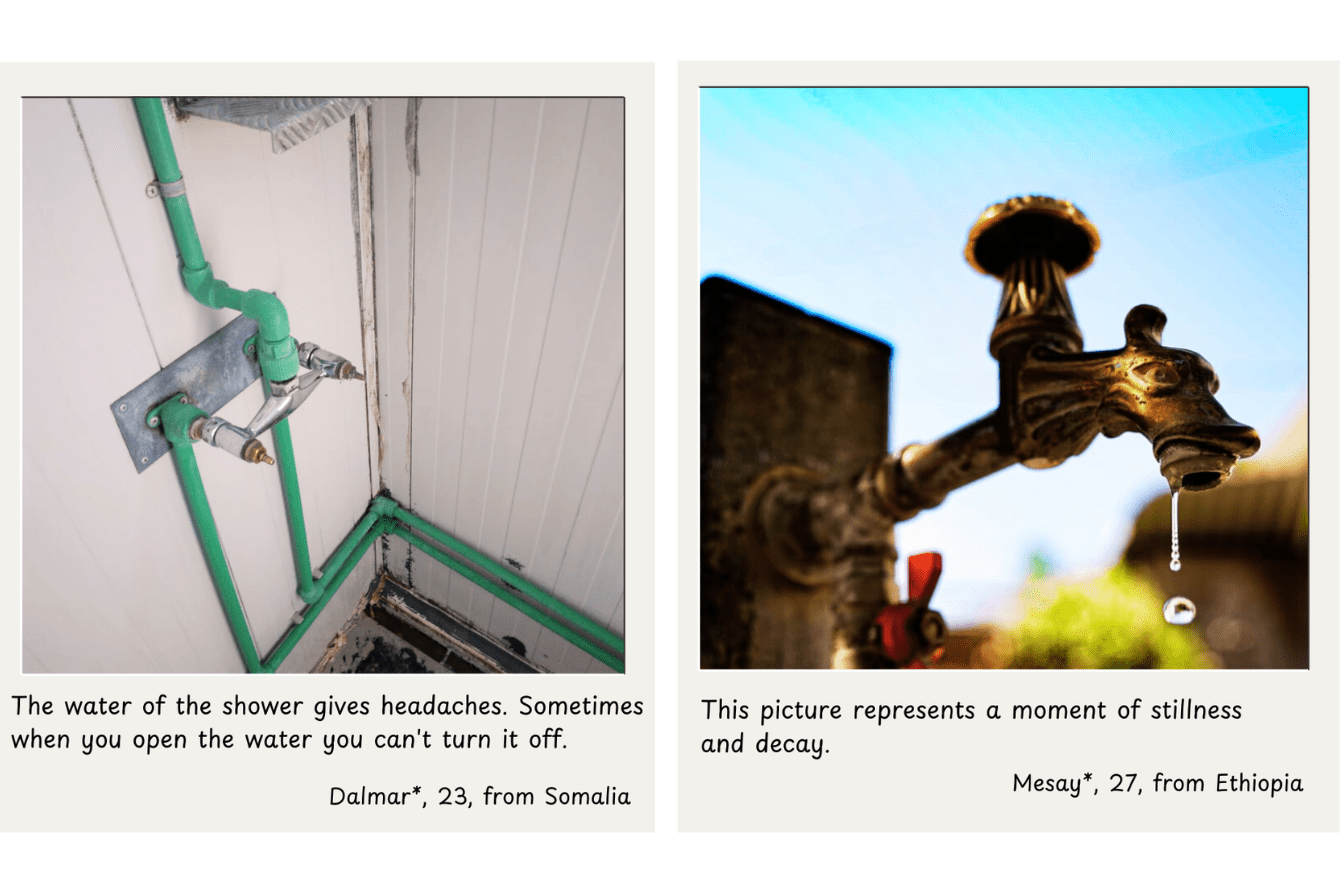 Polaroid photos of water pipes and faucet in a CCAC in Lesvos, Greece.