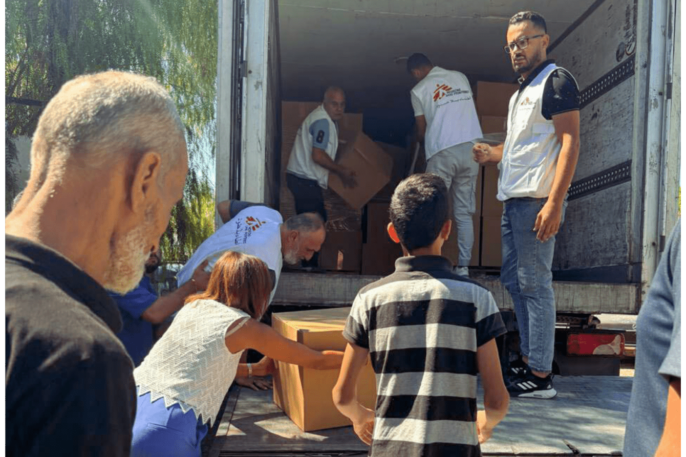 MSF staff unload medical supplies in Lebanon.