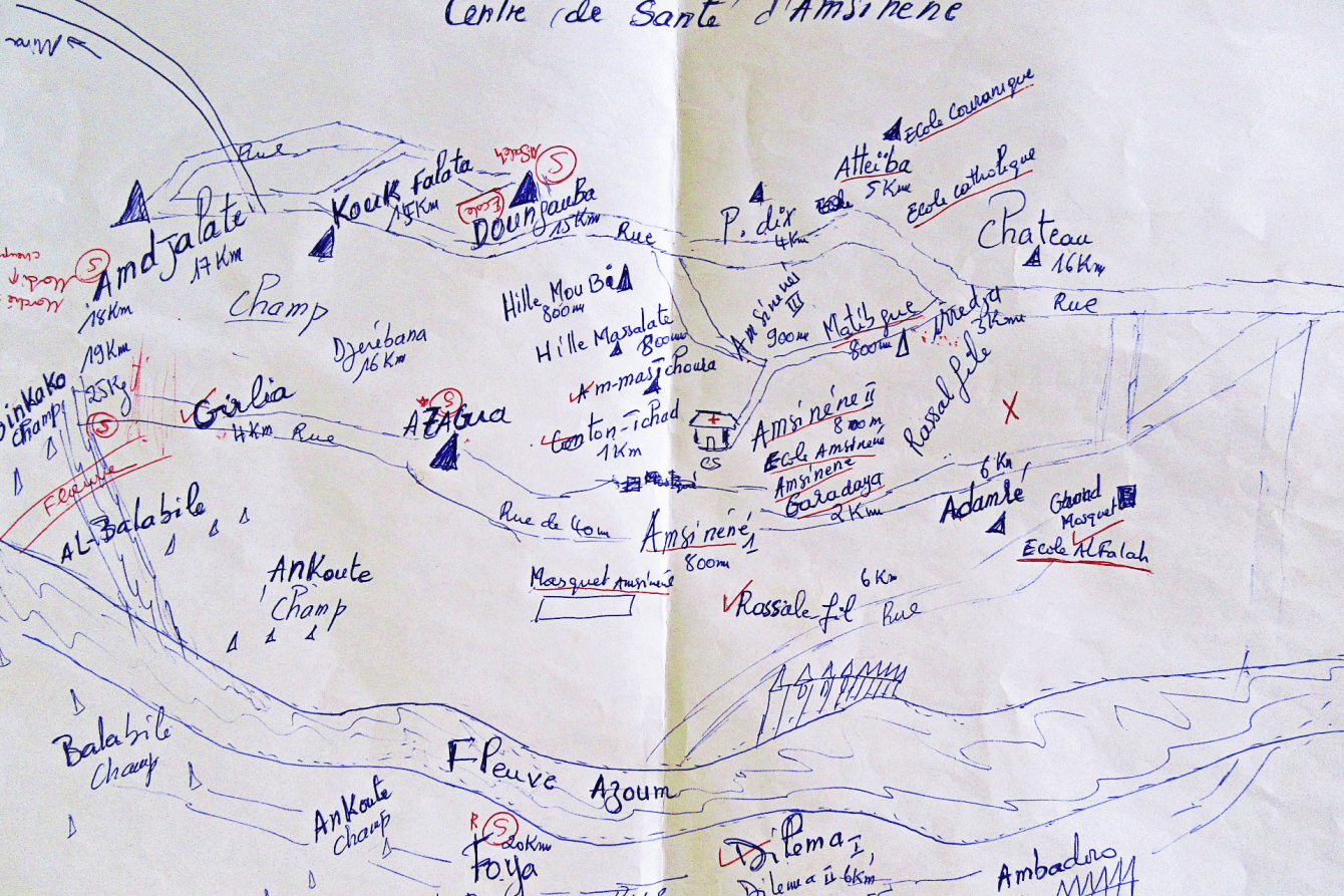 Hand drawn maps used for a measles vaccination campaign in Am Timan, Chad.