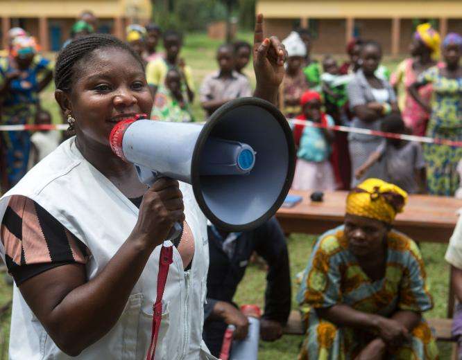 MSF health promotion session on hygiene and health in Walikale, North Kivu, DRC, in 2017.